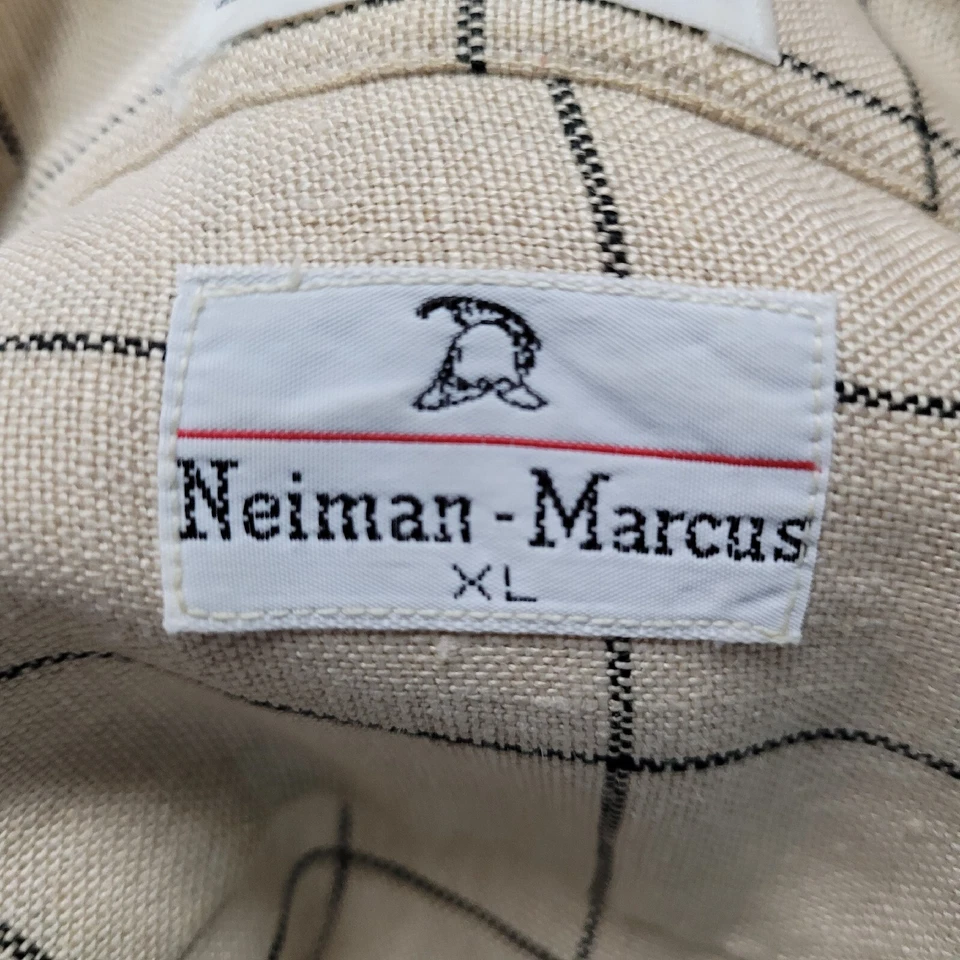 Neiman Marcus Shirt Men's XL Beige Linen Plaid Button Vintage 90s Single Stitch - Image 3 of 4