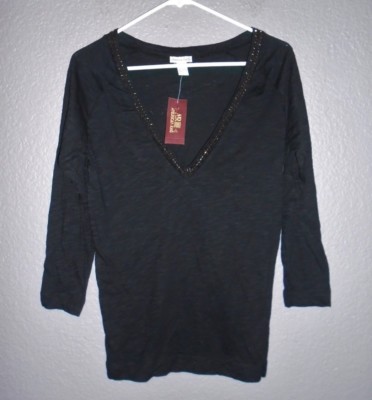 American Rag Cie Nantucket Embellished V-Neck Blouse - Black SMALL  NWT