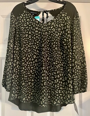 Fortune & Ivy Jemma Tie Back Size M Olive Mixed Material 3/4 Sleeve Blouse