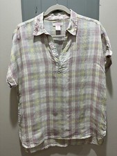 Isaac Mizrahi New York Women's Plaid Linen Shirt Size S, Button Tab Sleeves