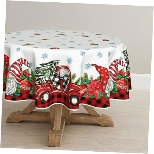 Christmas Tablecloth 70×70 Inch Round, Gnome Truck Gifts 70×70",Round Red