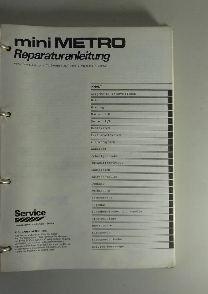 Manuale Officina/Manuale di Riparazione Austin Mini Metro Stand 1982 — 第 2/4 张图片
