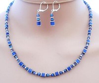 2Er Schmuckset WüRfel Cube Cat Eye Kristallglas Strass Dunkel Nachtblau 555A