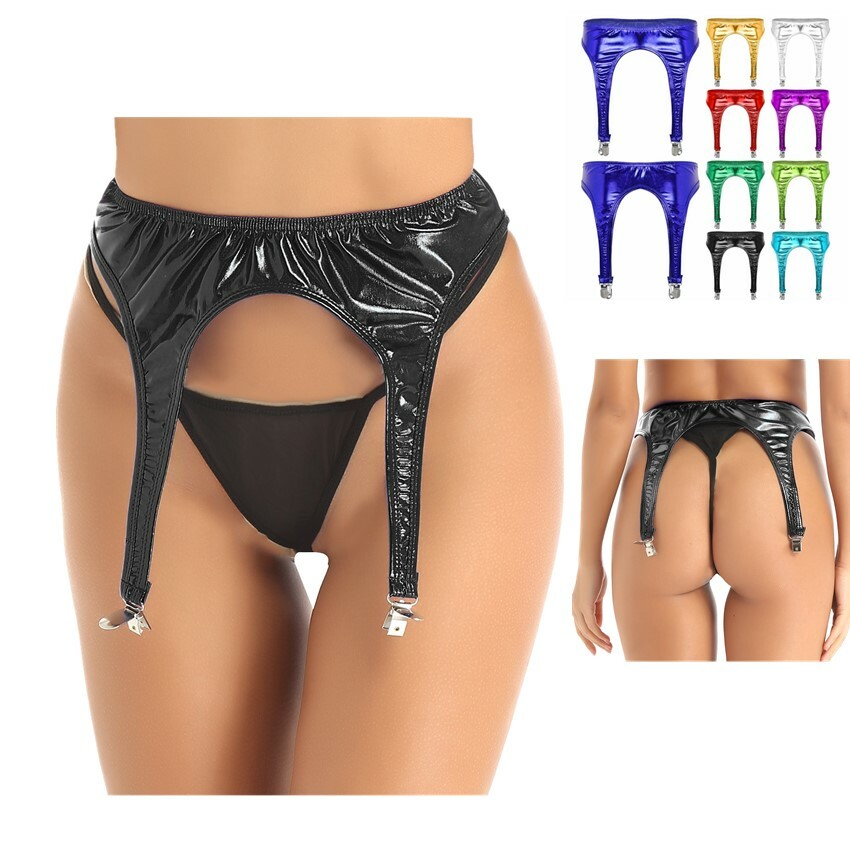 garter belt and stockings amazon Women Suspender Garter Belt Shiny Wet Look Metal Clips for Thigh High  Stockings