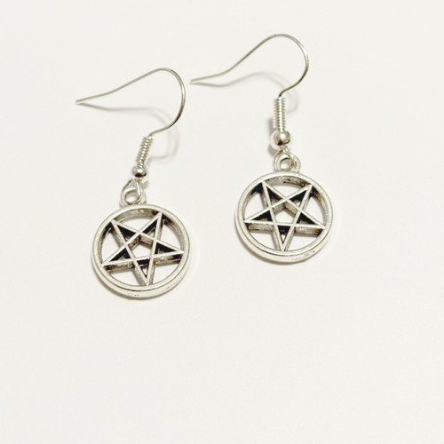 Fandom Pentacle Inverted Pentagram Antique Silver Dangle Earrings. - Picture 2 of 3