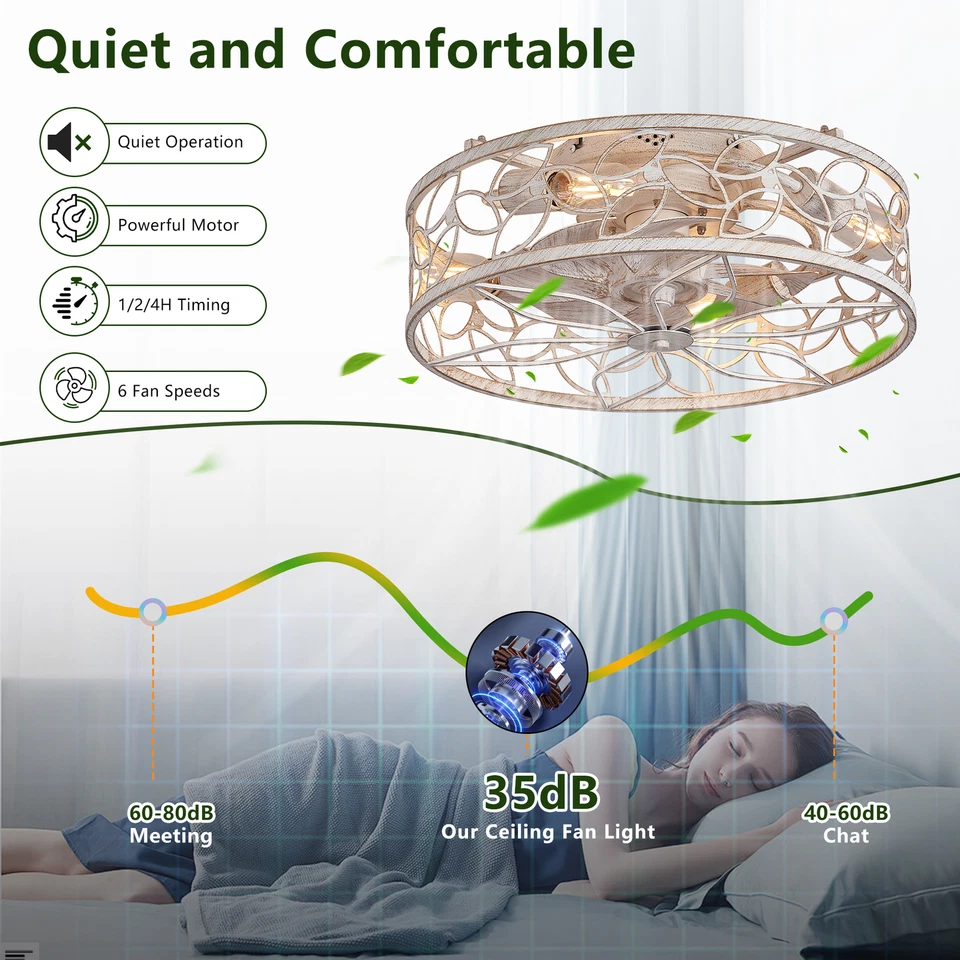 18" White Farmhouse Cage Flush Mount Ceiling Fan Light with Remote Control Kit - Image 3 of 4