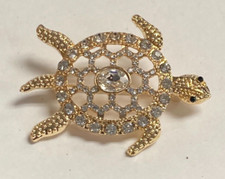 2" Gold Tone Clear Rhinestone Sea Turtle Brooch Pin