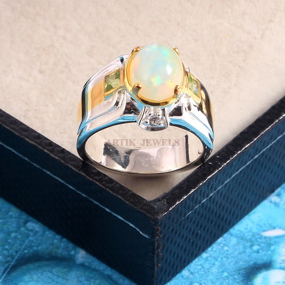 Natural Opal & Peridot with 14K White Gold Plated Silver Ring for Men's # - Image 2 of 4
