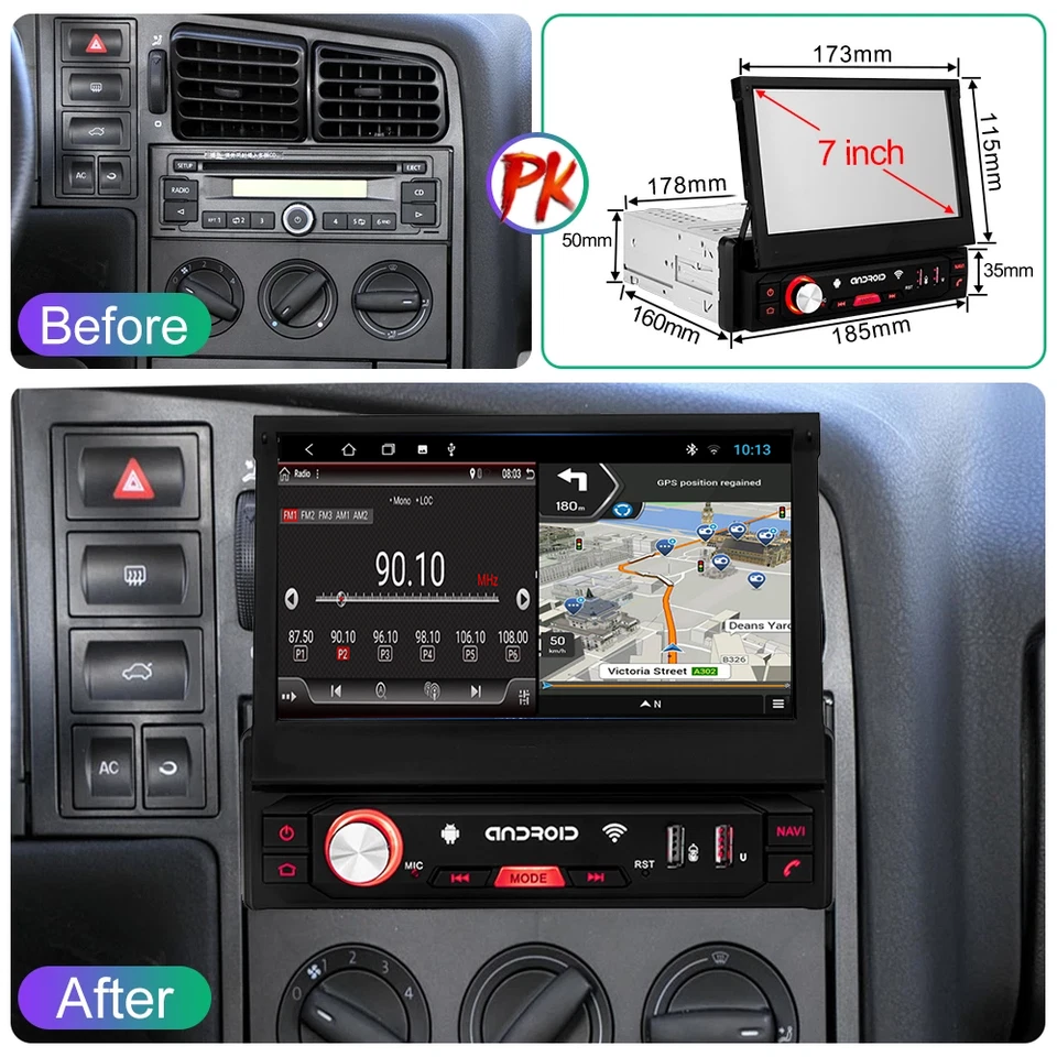 Single 1 Din Autoradio Android 14 NAVI GPS WIFI Bluetooth CD/DVD Player 32GB DAB - Bild 2 von 4