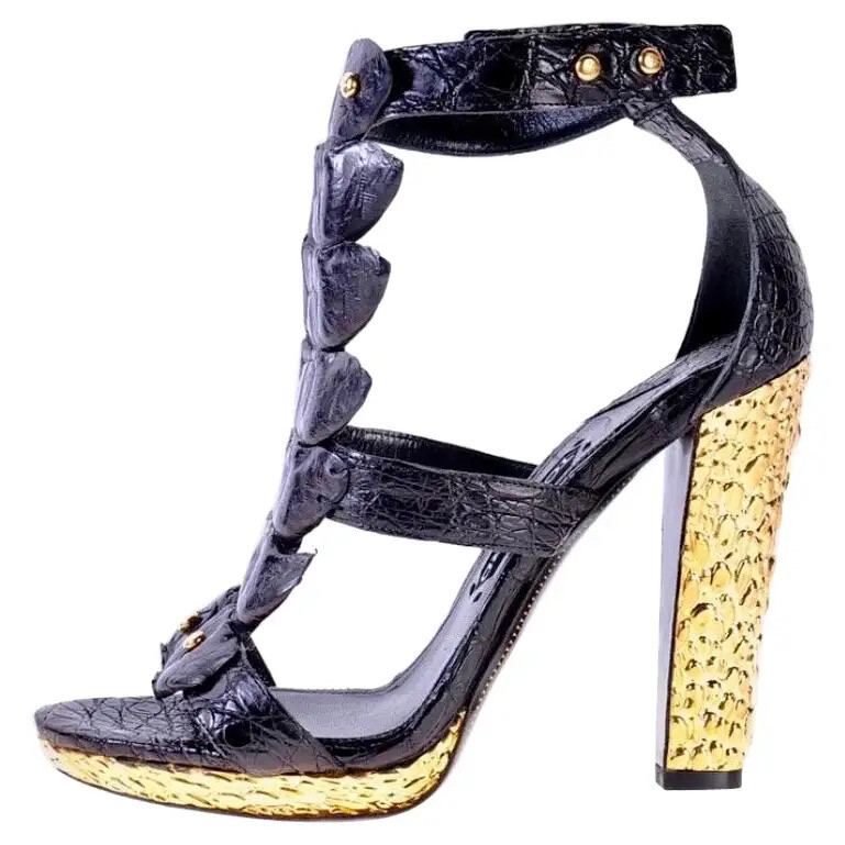 New Tom Ford Black Alligator Platform Metallic Gold Heel Sandals It 41 US  11
