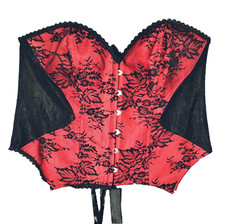 Goth Black Red Corset Bustier Waist 40, Satin Brocade, Lace up Grommets,Romantic