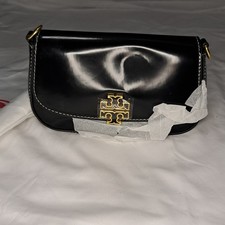 Tory Burch Black Shoulder Bag Patent Logo Accent Gold Hardware Detachable Strap
