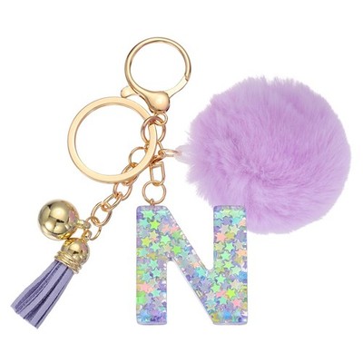 Alphabet Initial Letter Keychain Letter-N Cute Heart Resin Keyrings Purple