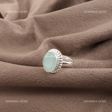 Sterling Silver Oval Aqua Chalcedony Stone Unique New Year Solitaire Trendy Ring