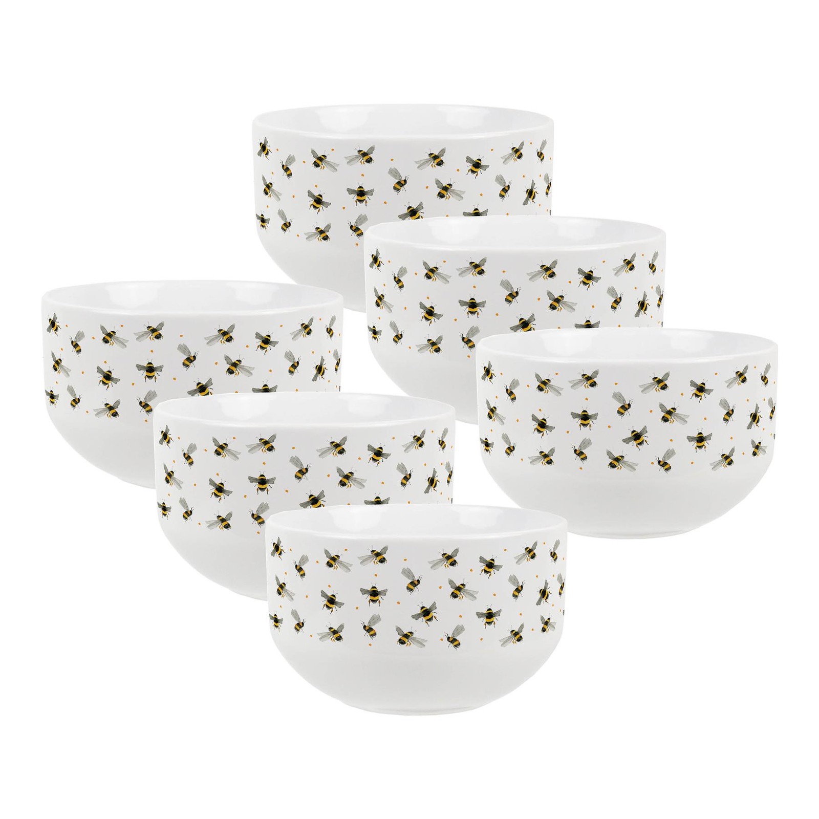 Watercolour Bees Large Cereal Bowl Set - 6x Ceramic Pretty Serving Bowls
