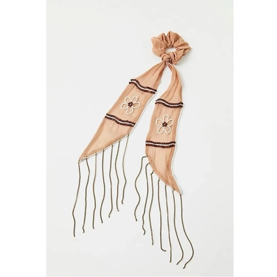 Free People Riley Pony Scarf Western Bohemian Beaded Chain Fringe Hair Tie NWT - Image 2 of 4
