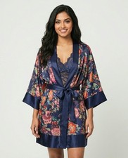 Vintage Victorias Secret Gold Label Satin Kimono Robe Blue Pink Floral One Size