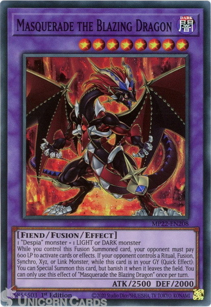 MP22-EN208 Masquerade the Blazing Dragon Super Rare 1st Edition Mint YuGiOh Card