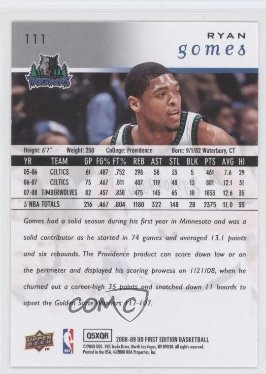 2008-09 Upper Deck First Edition Ryan Gomes #111 - Image 2 of 2
