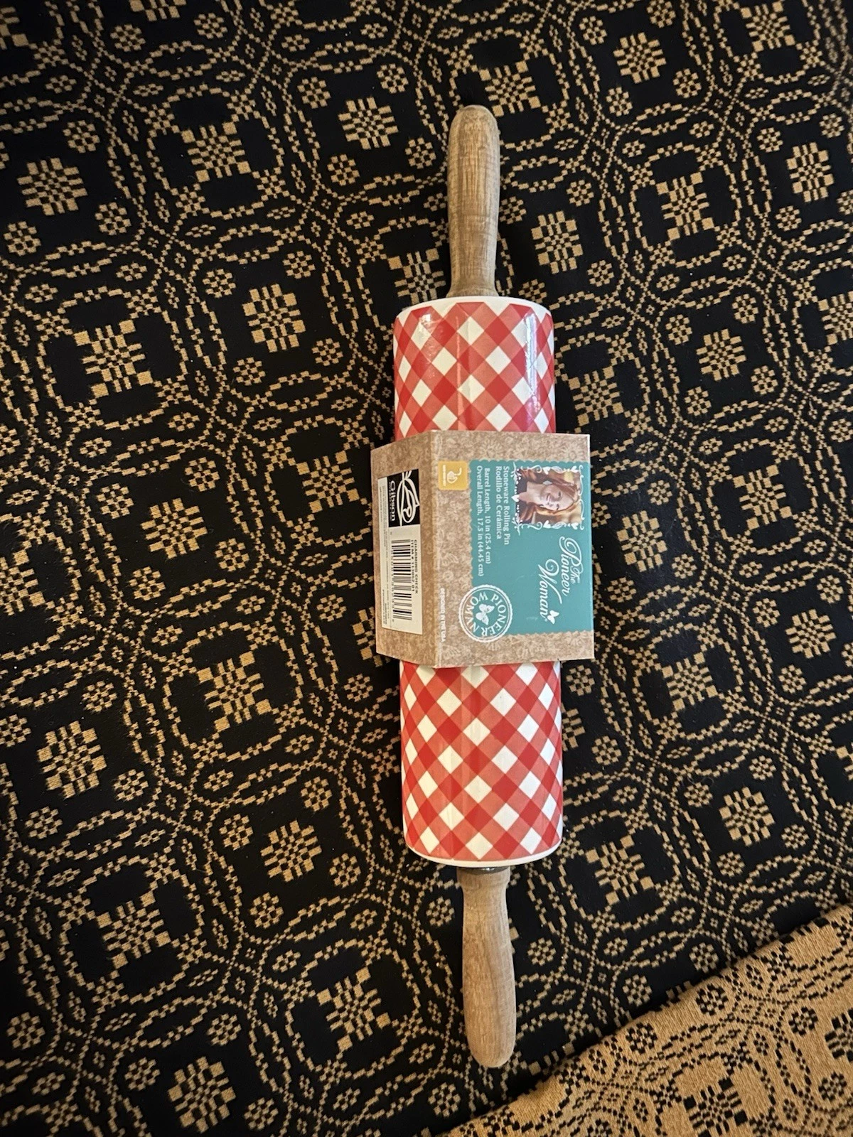 Pioneer Wm. Ceramic Red/White Ging Rolling Pin Fr. Floral And Holder