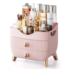 Pink Makeup Organizer Countertop Large Skincare Cosmetic Vanity 2 Drawers Box