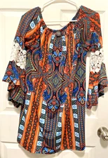WIN WIN Top shirt blouse L 12 Bust 42 Length 32 Black orange blue white Tunic