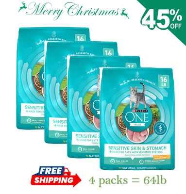 4 Packs - Purina ONE +Plus Sensitive Skin and Stomach Turkey Dry Cat Food,16lb