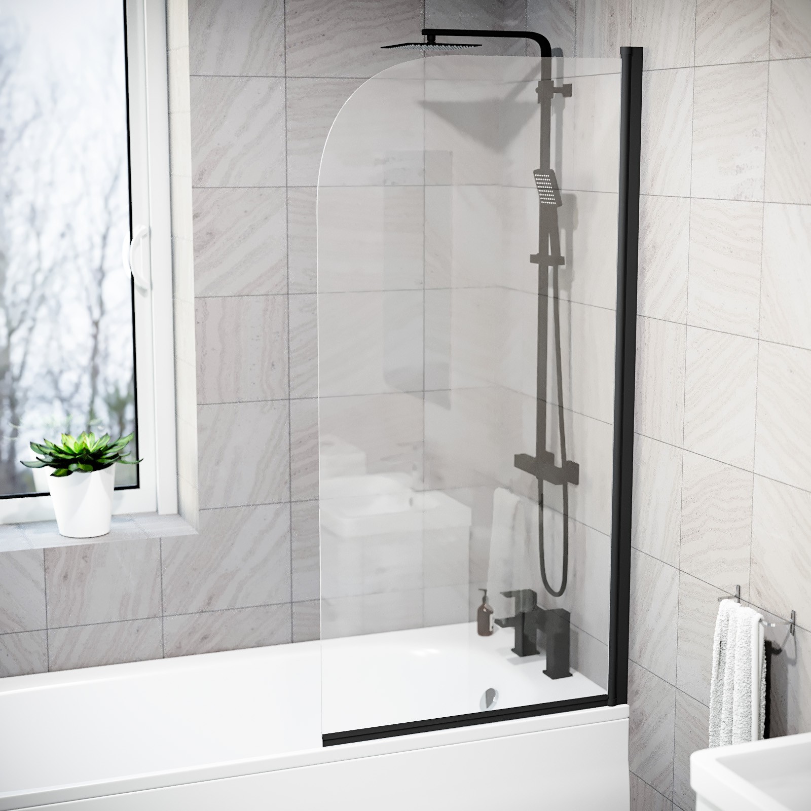 Nes Home Hinged 700 x 1400mm Bathtub Screen, 5mm Tempered Glass - Matte Black - Image 2