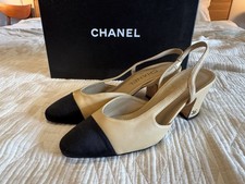Chanel Cap Toe Sling back Heel  Two Tone Beige Black Sz 37