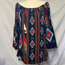 Win Win Top Womens L-XL Multicolor Aztec Bohemian Bell Sleeve Tunic Mini Dress
