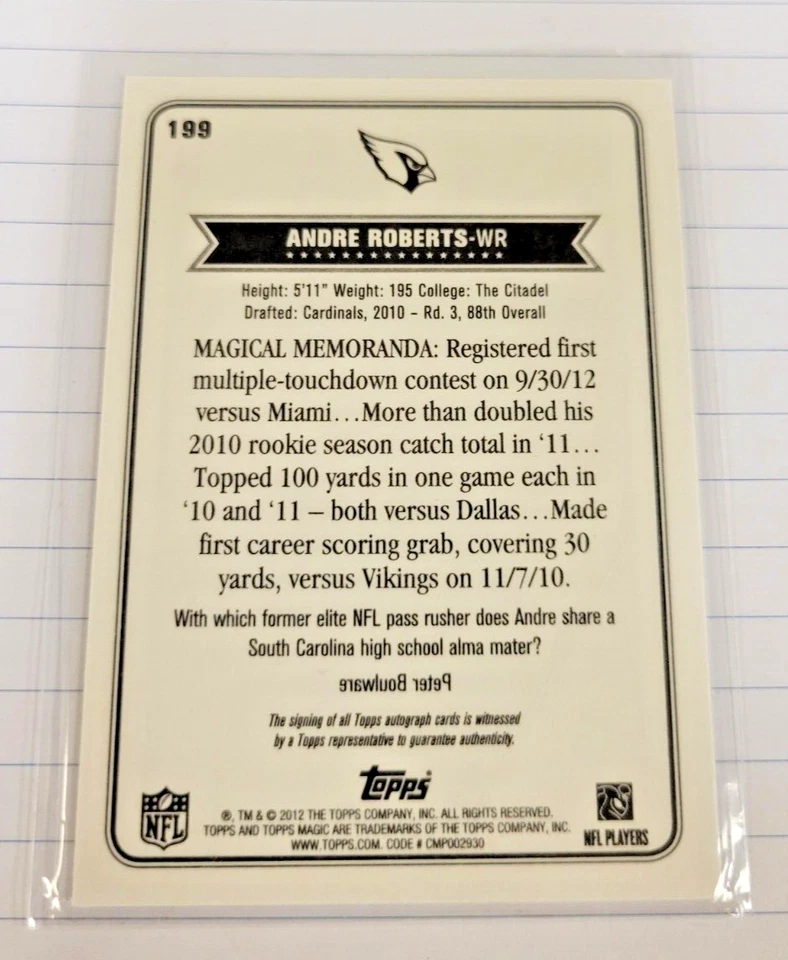 2012 Topps Magic Base Autographs #199 Andre Roberts - Image 2 of 2