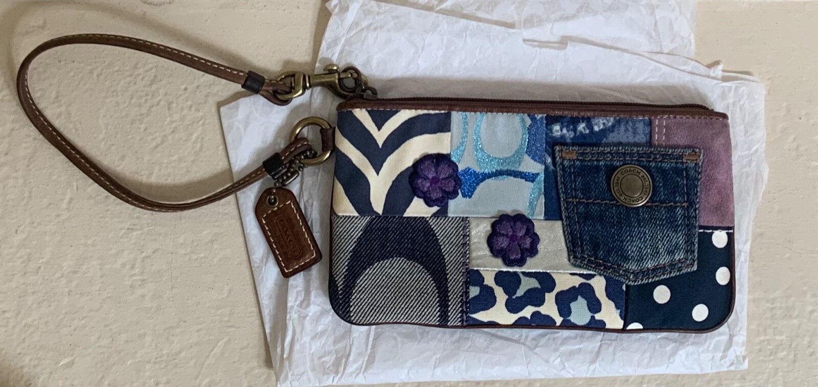 Coach Denim Patchwork with Flowers & Leather Wristlet… Gem