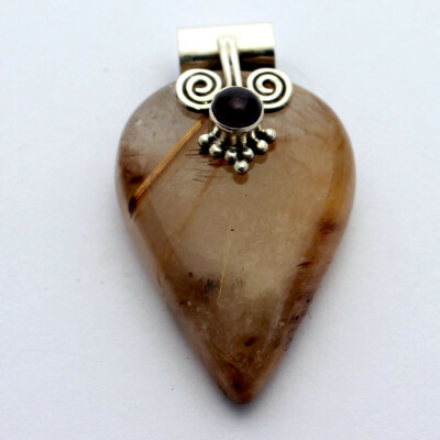 Rutilquartz with Garnet Pendant Gemstone 925 Silver Drop Golden Needles 44 mm