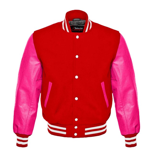 Red Varsity Letterman Wool Body And Hot Pink Real Leather Sleeves