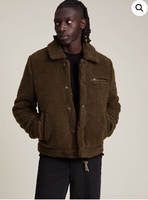 Allsaints Brown ALs Khaki Teddy Fleece Button Down Jacket. Size
