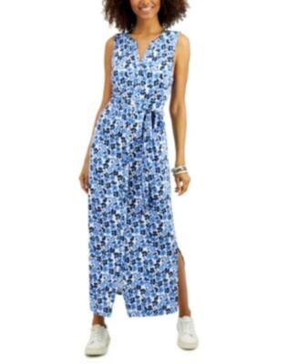 Charter Club Tie-Waist Maxi Dress Blue Size Small