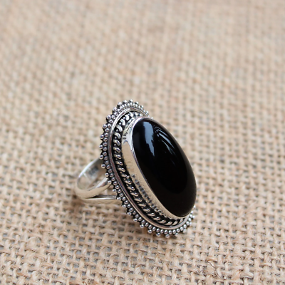 Koral Black Onyx Vintage Gypsy Ring - 925 Sterling Silver, Boho Chic, US Sizes 7, 8, 9