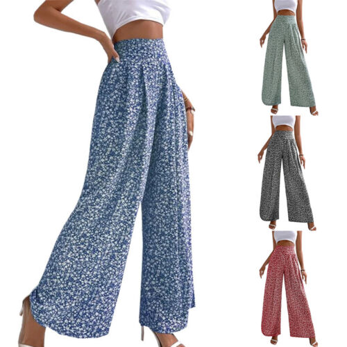 Womens Lounge Long Wide Leg Trousers Elastic Waist Palazzo Pants Pajama Casual