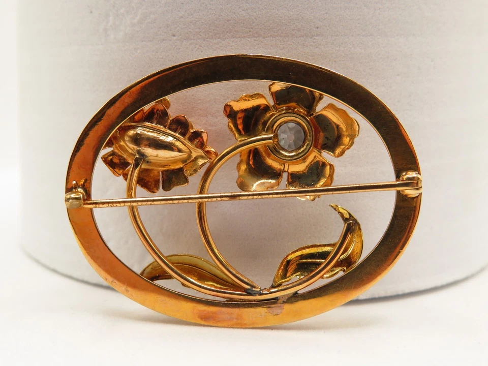 PIN FLORAL OVALADO ORO ROSA 10K CON DIAMANTES TALLA EUROPEA ANTIGUA Y DETALLES ORO AMARILLO* Foto 2 de 4