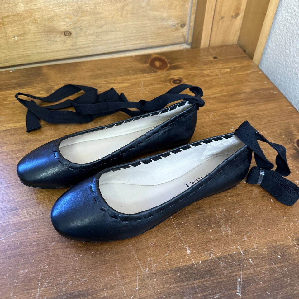 NEW Via Spiga women's 6.5 Black leather ballet flat Ribbon Tie Whip Stitching - Image 2 of 4