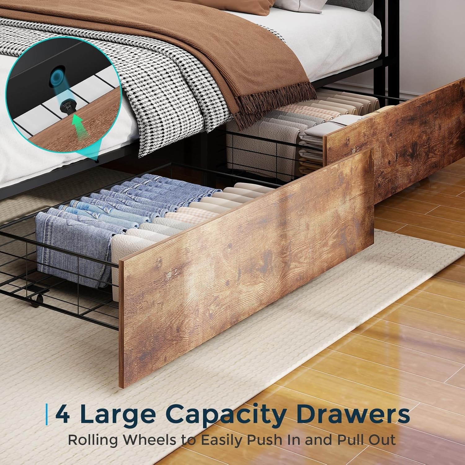 Bed Fame Full/Queen/King with Wooden Storage Headboard and Charging Station USA