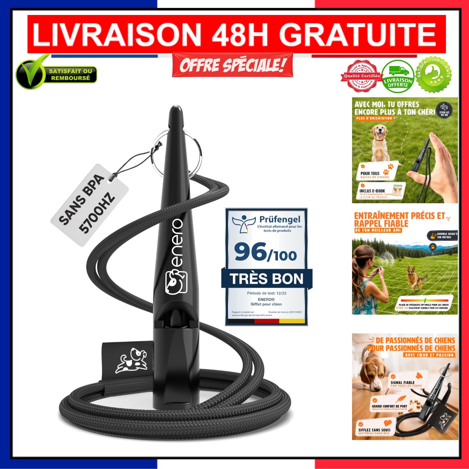 Sifflet de dressage ENERO chiens accessoire rappel fréquence fixe noir