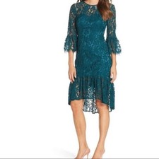 Eliza J Dress Women 6 Teal Lace Sheath High Low Bell Sleeve Cocktail Party New