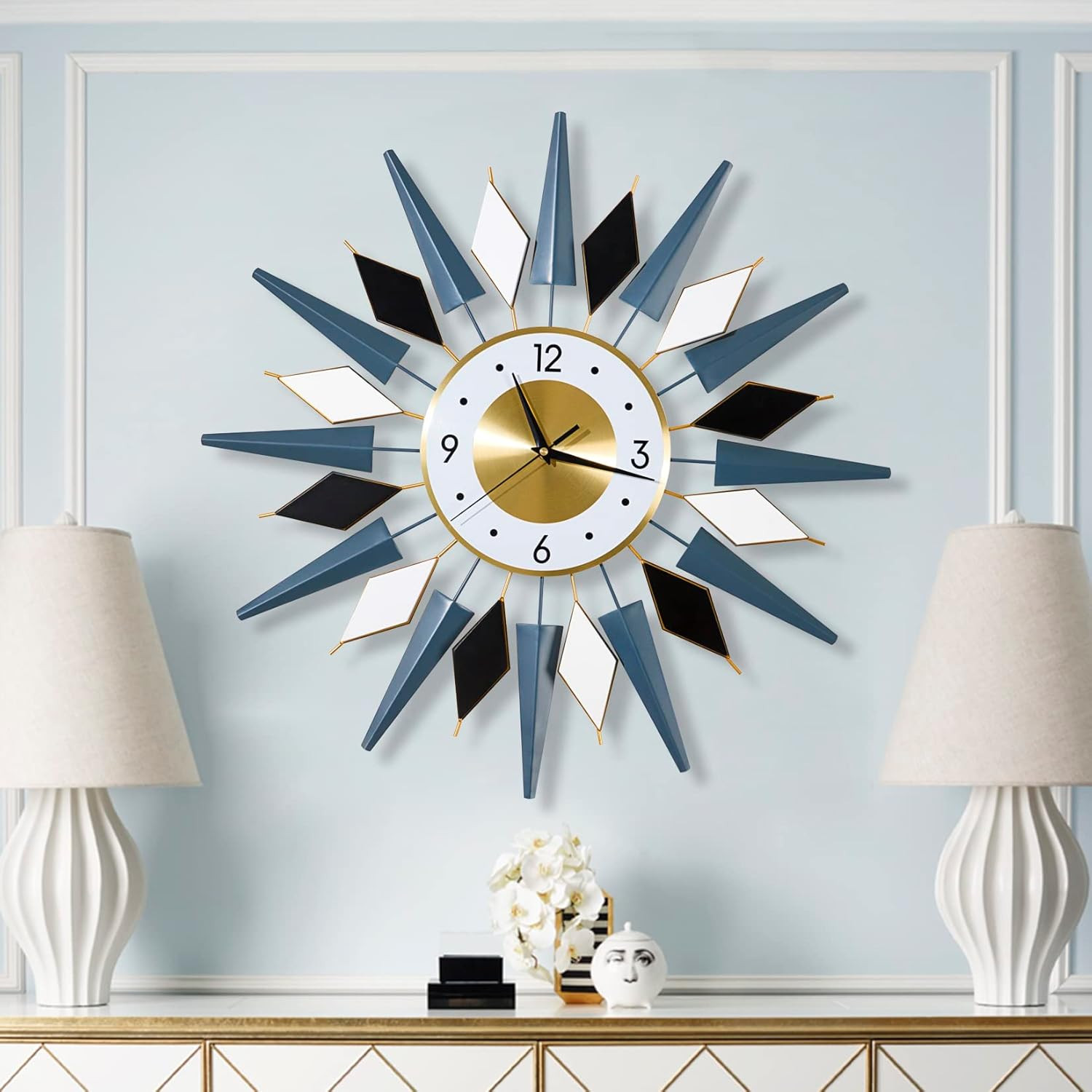 24 Inch Modern Metal Wall Clock Unique Design, Large Silent Battery Operated Non