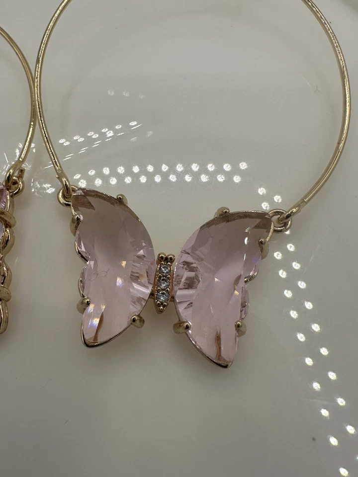 Butterfly Earrings Pink Gems Geode Hoop Boho Gold CZ Pendants - Image 2 of 4