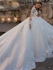 White Lace Long Sleeve Sweetheart Ball Gown Wedding Dress Corset Back Train