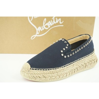 Christian Louboutin Espaboat Navy Canvas Spiked Espadrille Flat SZ 37 NIB