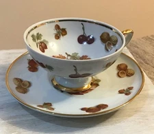 Vintage Royal Hanover Germany Footed Cup with Saucer Grapes, Walnuts, Leaves