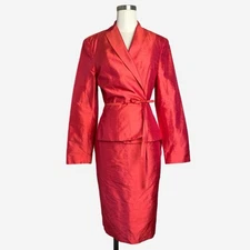 Finity Studio Coral silk two piece skirt suit set wrap bow classic bold size 6