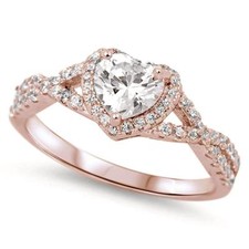 Halo Rose Gold Plated Heart With Clear Cubic Zirconia .925 Sterling Silver Ring